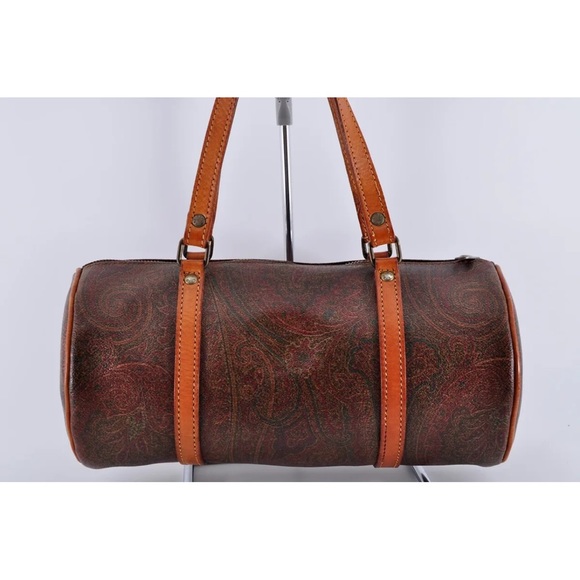 ETRO Paisley Mini Boston Bag PVC Leather Wine Red Brown Used Authentic EUC - Picture 3 of 12